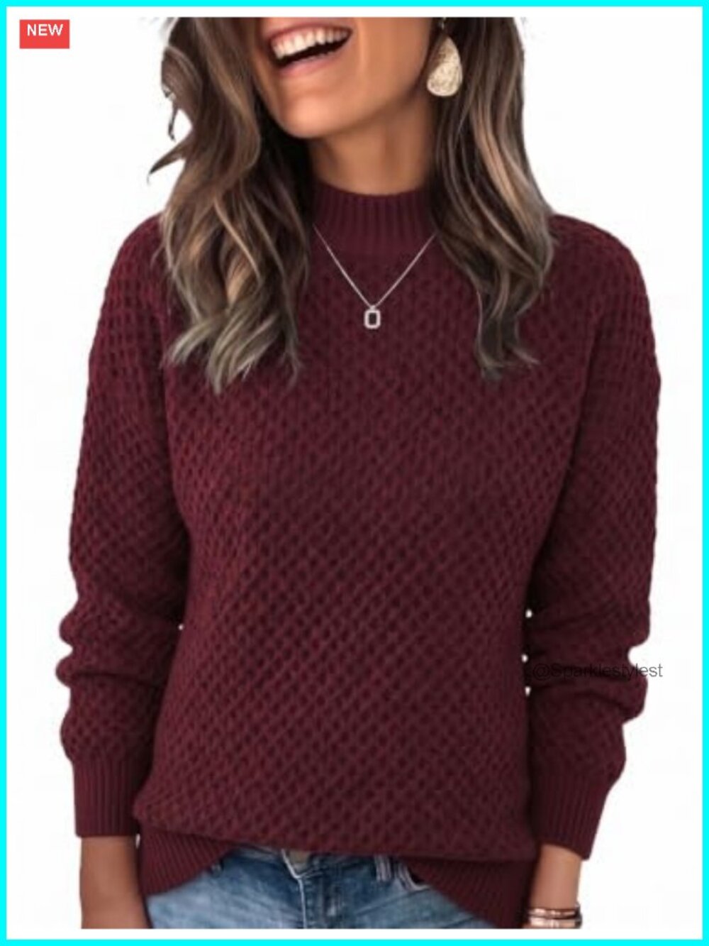 Waffle Knit Mock Neck Long Sleeve Chunky Sweater Women's Pullover